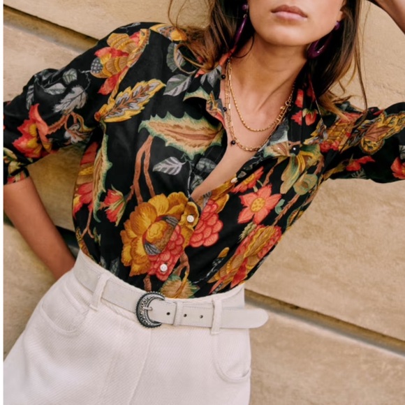 SEZANE Black Orange Dark Floral Printed Lightweight Button Down Pierro Shirt - Picture 13 of 13